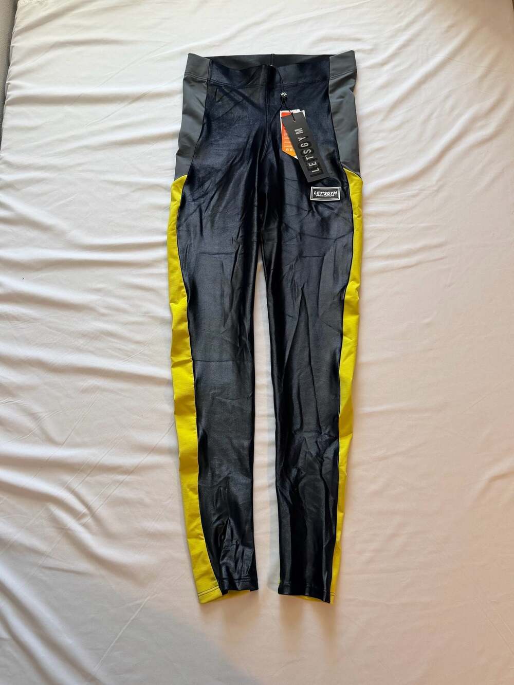 NWT LET'S GYM Black Metallic Fantasy Leggings with Neon Yellow Side Stripes SPF